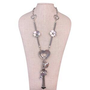 Silver Tone Womens Floral & Heart Charm Necklace Mixed Metal Statement Jewelry